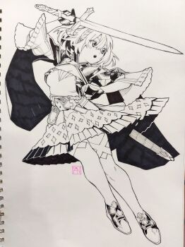 Rule 34 | 1girl, arm up, artist logo, belt, borrowed character, breasts, commentary, dress, english commentary, full body, gloves, hair between eyes, hand up, highres, holding, holding sword, holding weapon, large breasts, light blush, logo, looking to the side, medium hair, monochrome, open mouth, original, paper background, pen (medium), photo (medium), poch4n, saeunn altair blathnaid (eules), scabbard, sheath, shoes, shrug (clothing), skirt, solo, sword, teeth, thighhighs, traditional media, upper teeth only, weapon, wide sleeves