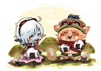 1boy 1girl ^_^ ahoge alternate_costume blush closed_eyes eating facing_another food goggles goggles_on_head goggles_on_headwear league_of_legends mushroom onigiri open_mouth otani_(kota12ro08) pointy_ears sitting teemo tristana_(league_of_legends)