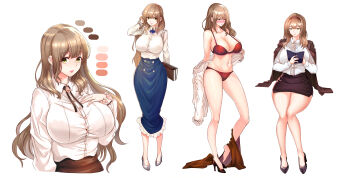 Rule 34 | 1girl, absurdres, black footwear, blouse, blue skirt, blush, book, bra, bra visible through clothes, breasts, brown hair, brown jacket, brown skirt, cleavage, curvy, dress shirt, etidekailo, full body, glasses, green eyes, hand on own chest, high-waist skirt, high heels, highres, holding, holding book, huge breasts, jacket, large breasts, long hair, long skirt, long sleeves, looking at viewer, mature female, multiple views, navel, neck ribbon, panties, pencil skirt, red bra, red panties, ribbon, see-through clothes, shirt, shirt tucked in, side slit, simple background, sitting, skirt, smile, standing, thighs, underwear, undressing, unworn clothes, unworn jacket, white background, white shirt, wide hips