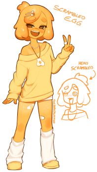 1girl :d absurdres bandaid bandaid_on_finger bandaid_on_hand brown_sweater collarbone colored_skin egg_girl egg_necklace food_girl fork_hair_ornament highres jewelry looking_at_viewer necklace open_mouth orange_skin original scrambled_egg shiny_skin short_hair shorts smile socks solo spoon_hair_ornament sweater v white_socks yoako