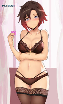 1girl black_panties black_thighhighs blush bra breasts brown_hair cleavage collarbone condom cowboy_shot female_focus gradient_hair grey_eyes hair_between_eyes indoors lace lainart lingerie looking_at_viewer medium_breasts multi-strapped_bra multi-strapped_panties multicolored_hair navel panties red_hair ruby_rose rwby short_hair smile solo stomach thigh_gap thighhighs thighs underwear underwear_only