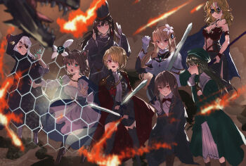 6+girls absurdres aoi_erika armor black_hair blonde_hair blue_eyes breasts brown_hair cape carole_reaper cleavage cloak commentary_request dress eyepatch fire flower gloves green_dress green_eyes hair_bun hair_flower hair_ornament hair_over_one_eye hat heaven_burns_red highres holding holding_sword holding_weapon hood katana kayamori_ruka long_hair looking_at_viewer multiple_girls nikaidou_misato no53_(pixiv_77486930) ooshima_ichiko open_mouth pantyhose pointy_ears purple_eyes red_eyes robe shirakawa_yuina short_hair skirt smile staff sunglasses sword test_tube thighhighs weapon white_gloves white_hair yamawaki_bon_ivar yanagi_mion