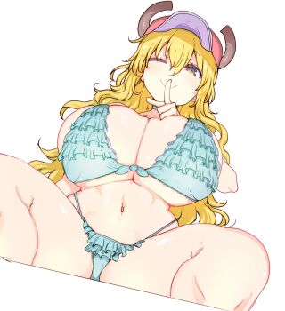bikini blonde_hair blue_bikini breasts cleavage cool-kyou_shinja dragon_horns finger_to_mouth frilled_bikini frills hair_between_eyes hat highleg highleg_bikini highres horns huge_breasts kobayashi-san_chi_no_maidragon long_hair lucoa_(maidragon) navel one_eye_closed shushing sitting solo swimsuit thick_thighs thighs underboob