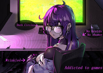 1girl alternate_costume alternate_universe blunt_bangs chair closed_mouth clothing_cutout commentary computer controller cup dark_room dynamotor earpiece earrings english_commentary english_text game_controller genshin_impact glasses highres holding holding_controller holding_game_controller indoors jewelry long_sleeves messy_hair monitor no_pupils off_shoulder on_chair playing_games purple_eyes purple_hair raiden_shogun raiden_shogun_(2nd_anniversary) shade shoulder_cutout sitting solo speech_bubble table upper_body
