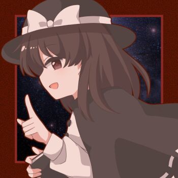 Rule 34 | 1girl, absurdres, black capelet, black hat, book, border, bow, brown eyes, brown hair, buttons, capelet, commentary request, coto mugi, from side, hat, hat bow, highres, holding, holding book, long sleeves, medium hair, outline, pointing, red border, red outline, ribbon-trimmed capelet, ribbon trim, shirt, solo, space, touhou, upper body, usami renko, white shirt