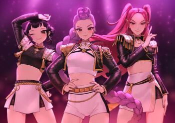 Rule 34 | 3girls, arm up, black hair, braid, braided ponytail, brown eyes, commentary, cowboy shot, crop top, double bun, english commentary, hair bun, hands on own hips, kpop demon hunters, long hair, looking at viewer, mira (kpop demon hunters), multiple girls, neko-rina, one eye closed, pink hair, purple hair, rumi (kpop demon hunters), shorts, sidelocks, skirt, smile, white shorts, zoey (kpop demon hunters)