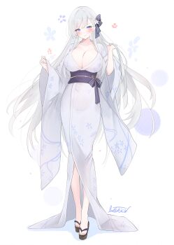 1girl absurdres azur_lane belfast_(azur_lane) blush braid breasts cleavage closed_mouth collarbone commentary_request flower hair_flower hair_ornament highres japanese_clothes kimono large_breasts livetarica long_hair long_sleeves looking_at_viewer obi partial_commentary purple_eyes sash simple_background smile solo white_background white_hair wide_sleeves yukata