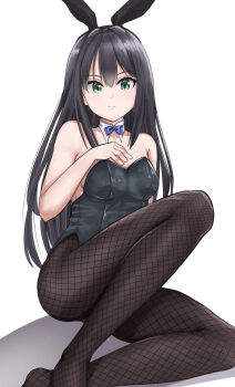 1girl animal_ear_hairband animal_ears black_hair black_leotard black_pantyhose blue_bow blue_bowtie bow bowtie commentary_request detached_collar fake_animal_ears fishnet_pantyhose fishnets green_eyes hairband highres idolmaster idolmaster_cinderella_girls leotard pantyhose playboy_bunny rabbit_ears sakiwara shibuya_rin solo strapless strapless_leotard