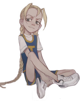 1girl absurdres basketball_jersey basketball_shorts basketball_uniform blonde_hair blue_eyes braid child cindy_mcphearson feason full_body highres long_bangs long_hair looking_to_the_side on_ground shirt shoes short_sleeves sitting smirk sneakers sportswear the_boondocks twin_braids very_long_hair white_background white_shirt white_shoes