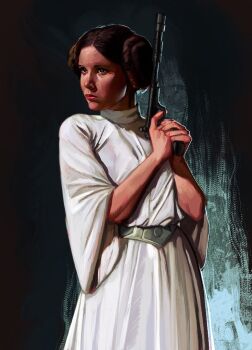 1girl brown_eyes brown_hair double_bun dress gun hair_bun handgun holding holding_gun holding_weapon looking_to_the_side princess_leia solo star_wars star_wars:_a_new_hope uzuri_art weapon white_dress
