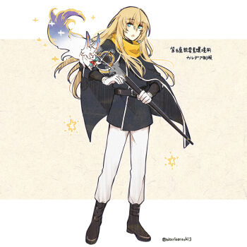 1boy :o animal_on_arm black_boots black_cape black_jacket black_shirt blonde_hair blue_eyes boots cape cosplay fate/grand_order fate_(series) fou_(fate) fujimaru_ritsuka_(male) fujimaru_ritsuka_(male)_(cosplay) fujimaru_ritsuka_(male)_(true_ether_chaldea_uniform) full_body gloves hair_between_eyes hand_up holding holding_staff jacket kirschtaria_wodime long_hair long_sleeves looking_at_animal male_focus open_mouth pants scarf shirt solo staff standing star_(symbol) twitter_username two-tone_background white_background white_gloves white_pants worrisorochi yellow_background yellow_scarf