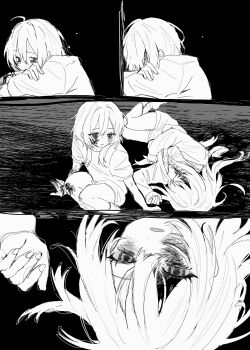 2girls absurdres baggy_clothes bags_under_eyes blood blood_on_arm blood_on_face crossed_arms crying dark_background death depressed expressionless gloom_(expression) greyscale hanataro_(sruvhqkehy1zied) highres legs lying monochrome multiple_girls on_floor on_side original sad scraped_knee sitting suicide sweatdrop