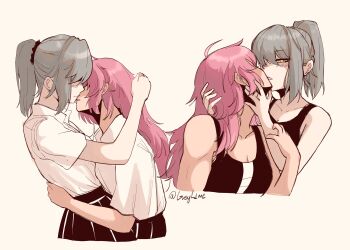 2girls absurdres black_skirt black_tank_top blush collared_shirt grey_hair greyl1me highres kiss loli_(to_be_hero_x) long_hair multiple_girls parted_lips pink_hair pleated_skirt ponytail school_uniform shirt simple_background skirt smile tank_top to_be_hero to_be_hero_x wang_nuonuo white_shirt yellow_background yellow_eyes yuri