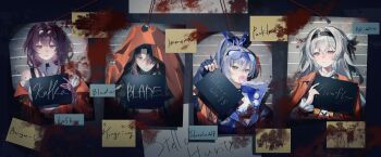 1boy 3girls absurdres bare_shoulders black_hairband blade_(honkai:_star_rail) blowing_bubble_gum blowing_bubbles character_name chewing_gum clothing_cutout commentary_request fingerless_gloves firefly_(honkai:_star_rail) fur-trimmed_jacket fur_trim gloves goggles goggles_on_head grey_eyes grey_hair hair_intakes hairband highres honkai:_star_rail honkai_(series) jacket kafka_(honkai:_star_rail) mugshot multiple_girls partial_commentary ponytail purple_eyes purple_hair purple_jacket shirt shoulder_cutout silver_wolf_(honkai:_star_rail) white_shirt yukiusagi_(snowrabbit0508)