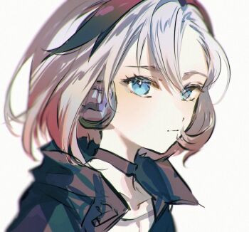 1girl black_jacket blue_eyes blurry cevio choker ci_flower commentary depth_of_field expressionless flower_(vocaloid) headphones jacket karanagare looking_at_viewer looking_to_the_side portrait purple_streaks short_hair solo vocaloid white_background white_hair