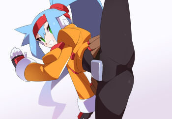 Rule 34 | 1girl, ashe (mega man), black bodysuit, blue hair, bodysuit, commentary request, cowboy shot, green eyes, headband, high kick, high ponytail, jacket, kaidou zx, kicking, long hair, mega man (series), mega man zx, mega man zx advent, orange jacket, ponytail, red headband, revision, simple background, solo, standing, standing on one leg, white background