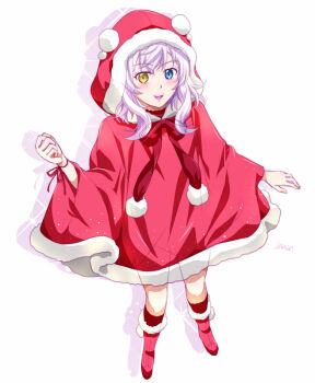 1girl boots doll_joints dress eiyuu_densetsu hajimari_no_kiseki hood hood_up joints kai_no_kiseki kuro_no_kiseki_(series) lapis_rosenberg looking_at_viewer multicolored_eyes open_mouth red_boots santa_costume santa_dress short_hair simple_background white_hair xiacheng_tatsuya