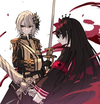 Rule 34 | 2girls, armband, black gloves, black hair, black jacket, blonde hair, blood, closed mouth, commentary request, cowboy shot, crown, epaulettes, flower, gloves, hair flower, hair ornament, hasumi leia, holding, holding sword, holding weapon, jacket, long hair, long sleeves, mahou shoujo no majo saiban, multiple girls, nikaido hiro, rapier, red armband, red eyes, red flower, rune (ru-nn), short hair, smile, standing, sword, weapon, white background, yellow eyes