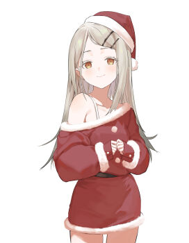 1girl absurdres armpit_crease belt black_belt blonde_hair breasts closed_mouth collarbone commentary cowboy_shot dress earrings flipped_hair fur-trimmed_dress fur_trim gakuen_idolmaster gradient_hair grey_hair hair_ornament hairclip hands_up hat highres idolmaster jewelry long_hair looking_at_viewer multicolored_hair natsu_(pixiv_6923655) parallel_hairclips parted_bangs santa_costume santa_dress santa_hat shinosawa_hiro short_dress simple_background single_off_shoulder sleeves_past_wrists small_breasts smile solo spaghetti_strap standing stud_earrings white_background