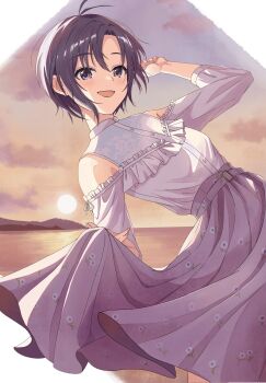 1girl antenna_hair black_eyes black_hair blush breasts cloud floral_print floral_print_skirt hand_up highres idolmaster idolmaster_(classic) idolmaster_million_live! idolmaster_million_live!_theater_days kikuchi_makoto long_skirt long_sleeves looking_at_viewer open_mouth outdoors pink_skirt print_skirt private_dress_(idolmaster_million_live!) ryuuboku_(stapler2355) shirt short_hair skirt skirt_hold sky small_breasts smile solo sunset water white_shirt