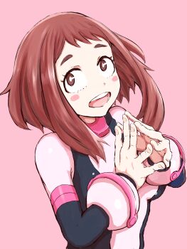 1girl black_bodysuit blush_stickers bodysuit boku_no_hero_academia brown_eyes brown_hair cutterhappa female_focus highres matching_hair/eyes multicolored_bodysuit own_hands_together pink_bodysuit short_hair sidelocks solo superhero_costume uraraka_ochako uraraka_ochako_(hero_outfit) white_bodysuit