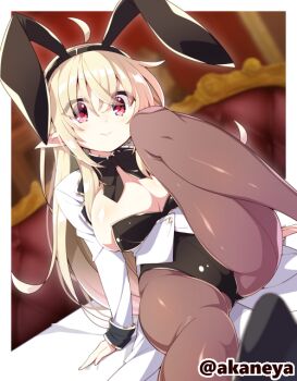 1girl ahoge akaneya animal_ears artist_name black_leotard black_pantyhose black_shoes blonde_hair bow bowtie breasts cleavage commission elf fake_animal_ears foreshortening jacket knee_up large_breasts legs leotard long_hair looking_at_viewer open_clothes open_jacket original pantyhose playboy_bunny pointy_ears rabbit_ears red_eyes shoes sitting skeb_commission smile solo strapless strapless_leotard thighs watermark white_jacket