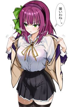 1girl angel_beats! black_skirt bolo_tie bra bra_visible_through_clothes breasts button_gap cowboy_shot ed green_eyes hairband highres jacket long_hair looking_to_the_side medium_breasts nakamura_yuri neck_ribbon open_clothes open_jacket open_mouth pink_bra pleated_skirt purple_hair ribbon school_uniform shirt shirt_tucked_in simple_background skirt solo speech_bubble thighhighs thought_bubble translated underwear undressing white_background white_shirt zenoo zettai_ryouiki