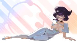 1girl absurdres arm_support artist_name black_choker bodysuit breasts breasts_out choker female_focus full_body glasses green_eyes heart_pasties highres large_breasts looking_at_viewer lying mature_female medium_hair narrow_waist nintendo no_shirt on_side open_bodysuit open_clothes otokakoto pasties pokemon pokemon_sm purple_hair seductive_smile shade shoes smile solo white_bodysuit white_shoes wicke_(pokemon) wide_hips
