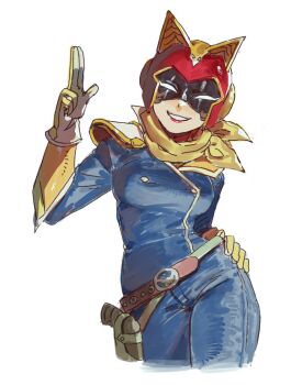 1girl animal_ear_helmet animal_ears animal_ears_helmet animal_helmet ascot assault_visor belt blue_bodysuit bodysuit breasts brown_hair captain_falcon cat_ears cat_helmet cropped_legs curvy dancho_no_mori f-zero genderswap genderswap_(mtf) gloves grin half-closed_eyes hand_on_own_hip hand_up helmet holster holstered lipstick looking_at_viewer makeup medium_breasts nintendo parted_lips red_helmet red_lips short_hair shoulder_pads simple_background smile solo super_smash_bros. thigh_holster white_background yellow_ascot yellow_gloves