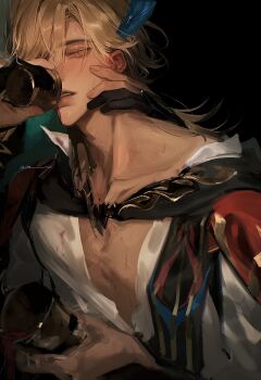 2boys absurdres alcohol alhaitham_(genshin_impact) black_background black_gloves blonde_hair blood blush cape collarbone cup drunk ear_blush eyelashes feather_hair_ornament feathers genshin_impact gloves hair_ornament hair_over_one_eye hand_on_another&#039;s_face hickey highres holding holding_cup implied_yaoi jewelry kaveh_(genshin_impact) long_hair long_sleeves male_focus multiple_boys one_eye_covered open_clothes open_shirt out_of_frame parted_lips partially_fingerless_gloves pectoral_cleavage pectorals pouring red_cape shirt simple_background solo_focus sweat torn_clothes twitter_username upper_body vyqi white_shirt wine yaoi