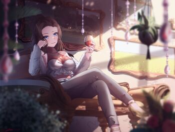 1boy alcohol bang_dream! bare_shoulders belt black_hair black_pants blue_eyes breasts bush couch cup denim detached_sleeves flower hashtag-only_commentary highres holding holding_cup jeans large_breasts long_sleeves on_couch painting_(object) pants rose sitting solo wakana_rei white_belt wine zuka_ryu