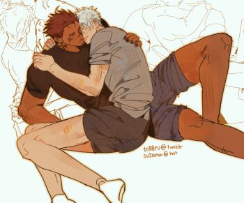 2boys alternate_costume alternate_hair_color black_nails black_shirt black_shorts blue_shorts brown_hair closed_mouth commentary crew_cut elbow_rest english_commentary eyebrow_piercing face_piercing facial_tattoo gojou_satoru grey_shirt hand_on_another's_back hands_on_another's_shoulders head_on_another's_shoulder highres jujutsu_kaisen knee_up looking_at_another lying lying_on_person male_focus mole mole_on_arm mole_on_leg mole_under_eye multiple_boys multiple_moles neck_tattoo on_side outer_glow outline piercing ryoumen_sukuna_(jujutsu_kaisen) shirt shorts sketch_inset socks t-shirt tan tattoo to_0fu tumblr_username twitter_username white_background white_hair white_socks yaoi yellow_outline