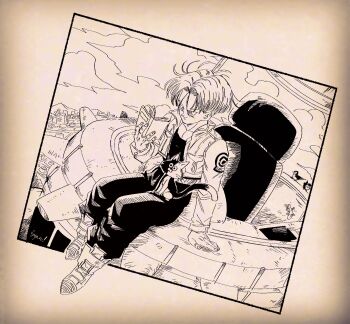 1boy aircraft animal animal_on_lap ankle_boots arm_support artist_name beige_background belt bird black_pants black_shirt blouse book boots capsule_corp cat cat_on_lap city cityscape closed_mouth clothes_writing cloud cloudy_sky commentary_request dragon_ball dragonball_z dutch_angle facing_viewer fenyon fingernails floating_hair full_body happy highres holding holding_book jacket light_smile lizard looking_down machine male_focus mountain mountainous_horizon on_lap open_book open_clothes open_jacket outdoors pants pants_tucked_in pectorals puffy_pants reading sepia shadow shirt simple_background sitting sky solo time_machine trunks_(dragon_ball) trunks_(future)_(dragon_ball)