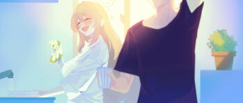 1boy 1girl :d ^_^ absurdres black_shirt blonde_hair blue_archive breasts closed_eyes commentary commentary_request dress_shirt english_commentary green_halo halo head_out_of_frame highres holding holding_sponge indoors large_breasts long_hair mixed-language_commentary morning nonomi_(blue_archive) okuta_rimu open_mouth plant plate potted_plant sensei_(blue_archive) shirt sink smile sponge white_shirt window