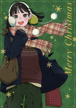 1girl absurdres bag black_hair blue_jacket brown_sweater cowboy_shot earmuffs floating_scarf green_background green_pants handbag highres jacket looking_at_viewer maria_komaki merry_christmas open_clothes open_jacket open_mouth original pants plaid_clothes plaid_scarf pom_pom_(clothes) scarf smile solo standing sweater