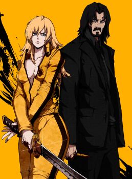 Rule 34 | 1boy, 1girl, absurdres, asymmetrical bangs, beard, beatrix kiddo, black eyes, black hair, black shirt, black suit, blonde hair, blue eyes, bodysuit, breasts, cleavage, collarbone, collared shirt, commentary, cowboy shot, crossover, eyebrows hidden by hair, facial hair, formal clothes, highres, holding, holding knife, holding sword, holding weapon, jacket, john wick, john wick (character), katana, kekel, kill bill, knife, lips, long hair, looking at viewer, medium breasts, mustache, no bra, nose, panther, pants, partially unzipped, sanpaku, shirt, short hair, simple background, sparkle, suit, sword, tsurime, weapon, yellow background, yellow jacket, yellow pants, yellow theme