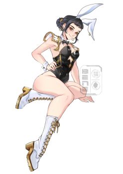 1girl animal_ears beneceadraws black_hair black_leotard boots bow bowtie fake_animal_ears kpop_demon_hunters leotard looking_at_viewer playboy_bunny rabbit_ears short_hair strapless strapless_leotard zoey_(kpop_demon_hunters)