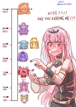 6+girls absurdres ahoge animal_ears black_dress black_nails blush breasts cleavage deerstalker dress frog_hat gawr_gura hair_intakes hakos_baelz halo hat heart highres hololive hololive_english horns irys_(hololive) kiss_chart large_breasts long_hair looking_at_viewer mori_calliope mouse_ears multiple_drawing_challenge multiple_girls ninomae_ina&#039;nis open_mouth ouro_kronii pink_hair pointy_ears red_eyes sharp_teeth simple_background smile sweat takanashi_kiara teeth tentacle_hair two_side_up virtual_youtuber watson_amelia white_background xu_chin-wen