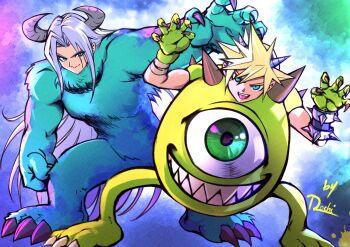 2boys aqua_eyes artist_name blonde_hair claw_pose cloud_strife commentary cosplay english_commentary final_fantasy final_fantasy_vii full_body grey_hair hair_between_eyes highres horns james_p._sullivan james_p._sullivan_(cosplay) male_focus mike_wazowski mike_wazowski_(cosplay) mochi_mangaka multiple_boys open_mouth parted_bangs sephiroth sharp_teeth short_hair smirk spiked_hair teeth