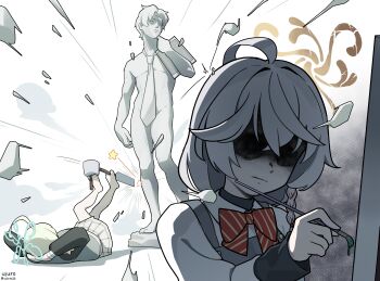 2girls absurdres ahoge barefoot blonde_hair blue_archive braid broken_halo chisel commentary_request eri_(blue_archive) feet_up grey_hair halo highres holding holding_paintbrush holding_with_feet korean_commentary lying multiple_girls on_back paintbrush painting_(action) pleated_skirt ritsu_(blue_archive) sculpting sensei_(blue_archive) shaded_face skirt star_(symbol) statue ujuro white_skirt