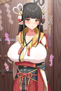 1girl aikome_(haikome) arm_under_breasts black_hair blush breasts covered_erect_nipples highres huge_breasts japanese_text looking_at_viewer minoto monster_hunter_(series) monster_hunter_rise pointy_ears translation_request