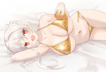 1girl bikini breasts commentary_request conte_di_cavour_(kancolle) food fruit gold_bikini grey_hair kantai_collection large_breasts long_hair lying navel on_side oppai_mochi orange_(fruit) red_eyes side-tie_bikini_bottom simple_background solo swimsuit toka_(marchlizard) two_side_up white_background