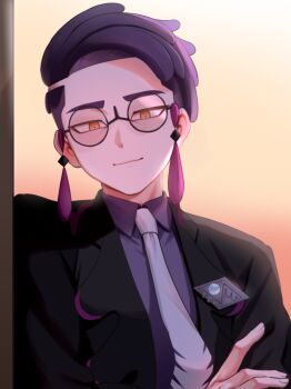 1boy black-framed_eyewear black_jacket closed_mouth collared_shirt commentary_request corbeau_(pokemon) highres jacket kawase_kawao male_focus necktie nintendo open_clothes open_jacket orange_eyes pokemon pokemon_legends:_z-a purple_hair purple_shirt round_eyewear shirt short_hair smile solo upper_body
