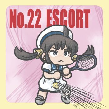 1girl ball bell black_hair blue_sailor_collar dress ferret-san grey_eyes hair_bell hair_ornament hat highres hitting kaiboukan_no._22_(kancolle) kantai_collection long_hair pink_background racket sailor_collar sailor_dress sailor_hat solo tennis_ball tennis_racket twintails