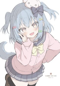 1boy :3 :d absurdres artist_name black_thighhighs blue_bow blue_hair blue_sailor_collar blue_skirt blush bow bowtie brown_shoes buttons cardigan commentary commission cowboy_shot crossdressing crossdressing_(mtf) dog_boy dog_hair_ornament dog_tail dot_nose double_horizontal_stripe fang hair_bow hair_ornament hand_up highres index_finger_raised indie_virtual_youtuber inuyama_tamaki long_sleeves looking_at_viewer male_focus mamiro miniskirt open_mouth pink_cardigan pleated_skirt sailor_collar school_uniform serafuku shoes short_hair simple_background skeb_commission skirt smile solo striped_bow striped_clothes striped_skirt tail thighhighs trap two_side_up virtual_youtuber white_background yellow_bow yellow_bowtie yellow_eyes zettai_ryouiki