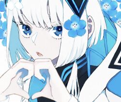 Rule 34 | 1girl, blue eyes, cho96850, flower, heart, heart hands, kafuu chino, kamitsubaki studio, solo, white hair