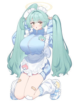 1girl :o absurdres ahoge alternate_costume apron aqua_hair bandaid bandaid_on_leg blue_archive blue_jacket blush breasts bunching_hair character_badge commentary enmaided frilled_apron frills full_body halo highres hoshino_(blue_archive) huge_ahoge jacket jersey_maid kneeling korean_commentary large_breasts long_hair loose_socks maid sideways_glance socks solo tomid track_jacket twintails unconventional_maid very_long_hair white_apron white_socks yume_(blue_archive)