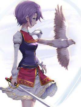 1girl 1other animal ascot bird brooch clothes_lift eiyuu_densetsu falcon from_side highres holding holding_sword holding_weapon jewelry kloe_rinz long_sleeves puffy_long_sleeves puffy_sleeves purple_hair short_hair sieg_(eiyuu_densetsu) simple_background skirt skirt_lift sora_no_kiseki sword upper_body weapon white_ascot white_background witch_f yellow_eyes