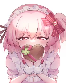 1girl assault_lily black_ribbon blush box commentary_request heart-shaped_box hitotsuyanagi_riri holding holding_box kaya_(kaiana) looking_at_viewer maid_headdress one_side_up pink_eyes pink_hair pink_ribbon puffy_short_sleeves puffy_sleeves ribbon short_sleeves simple_background solo upper_body valentine white_background wrist_cuffs