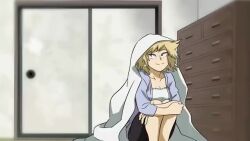 1boy 1girl age_difference aged_down all_might all_might_(cosplay) animated audible_speech bakugou_katsuki bakugou_mitsuki blanket blonde_hair boku_no_hero_academia breasts cabinet child cleavage cosplay explosion large_breasts medium_hair mother_and_son red_eyes sharp_teeth sitting skirt sliding_doors slippers sound spiked_hair superhero_costume tagme teeth thetrothsworth twitching video